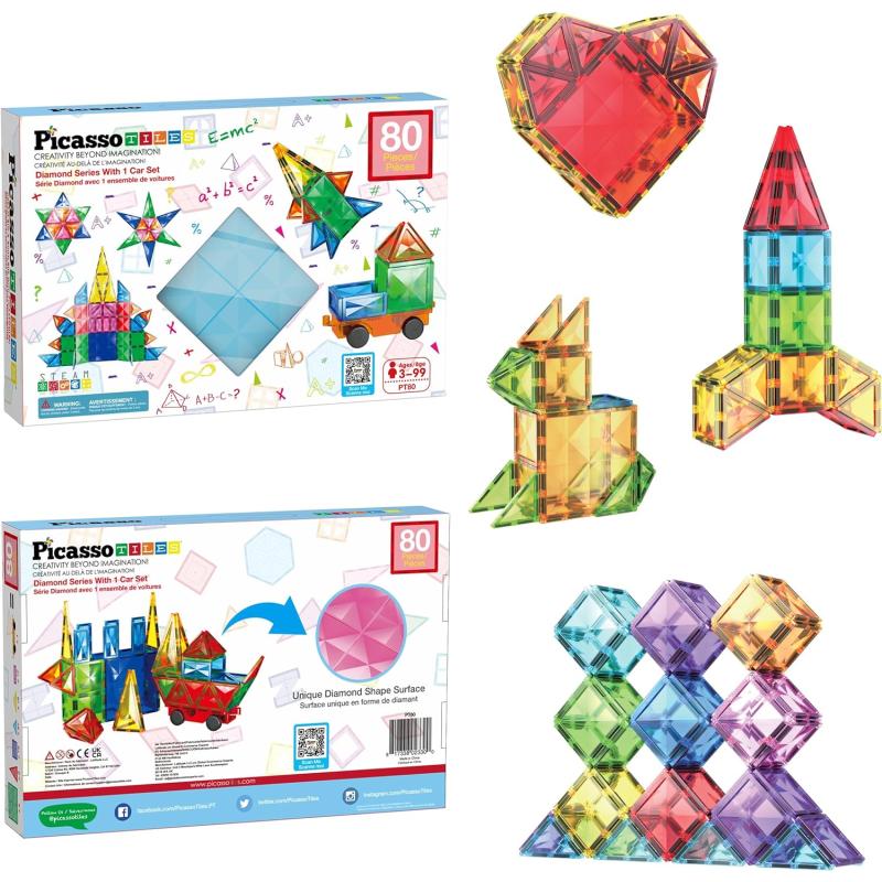 PicassoTiles 80 Pieces Magnetic Building Blocks Tiles Magnet Toys Diamond  Toy Building Block Construction Set for STEM Sensory Toys Gifts Educational  Playset Kid Brain Development Stacking Blocks(Diamond) - PicassoTiles  Building Fun